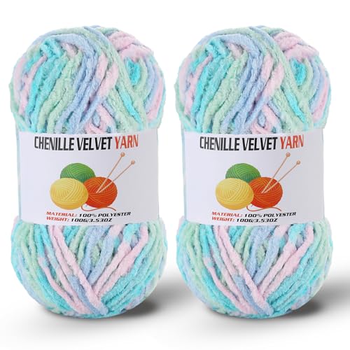 Image of 2 * 100g /3.5oz Fluffy Chenille Yarn for Crocheting, Chunky Velvet Yarn for Crochet Amigurumi, Used for Making Baby Yarns Blanket, Clothes, Pattern Knitting Creations (Candy Color)