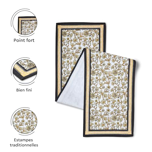 Image of Encasa XO Dining Table Runner for 4 to 6 Seater | Yellow-02 Block Printed Cotton Canvas | 32x150 cm | Jaipur Sanganeri Hand Print