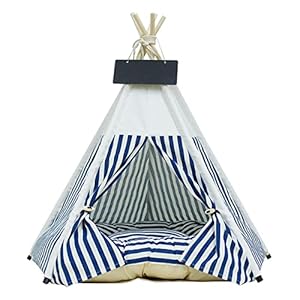 Pet Teepee with Thick Cushion, Dog/Puppy House with Bed Pet Tent for Indoor Outdoor (Striped)