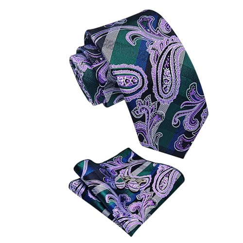 Image of YourTies Silk Paisley Floral Tie and Pocket Square Cufflinks with Lapel Pin Sets for Men 5PC Wedding Party