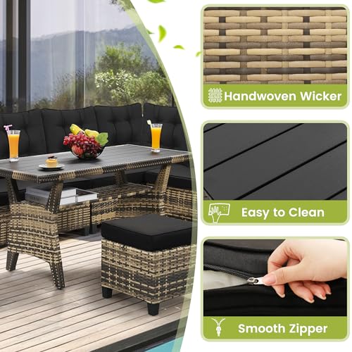 Image of KROFEM 6 Piece Patio Furniture Set, Dining and Conversation Set | UV Treated Wicker, Machine Washable Cushions, Seats 7, 2 Ottomans, 3 Sofa Section, Dining Table, Rustproof Frame, Black