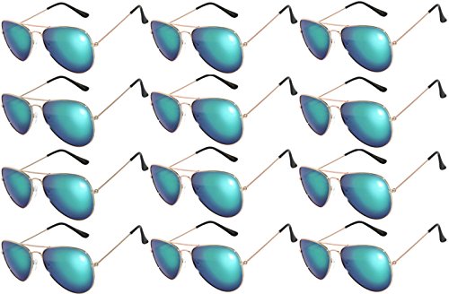 12 Pieces Wholesale Lot Aviator Sunglasses. Assorted Colored Mirror Lens Gold Frame Fashion. Bulk Sunglasses - Wholesale Bulk Party Glasses, Party Supplies. (Blue-Green Mirror)