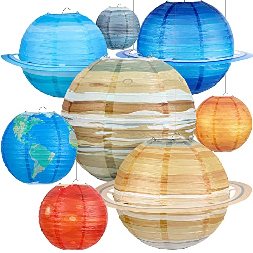 Hortsun 8 Pack Space Paper Lanterns, Out of This World Solar System Hanging Planets Lanterns for Birthday Party Decor, Outer Space Theme Hanging Decorations