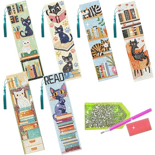 Marque-pages chat strass beinkmake : lot de 6 signets acrylique avec pompons pour lecture