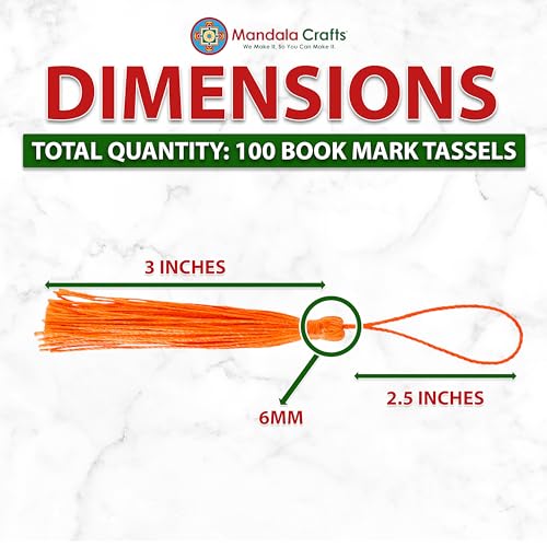 Image of Mandala Crafts Small Orange Bookmark Tassels - 100 Bulk Silky Mini Craft Tassels with Loops for Bookmarks, Jewelry Making, Graduation Decorations, and Keychains