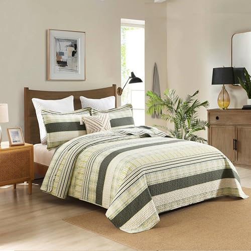 Image of Homzard 100% Cotton Quilt King Size, Green Yellow Striped Plaid Quilt Bedding Set,Olive Green Lightweight Soft Farmhouse Bedspread Coverlet,Summer Spring Lightweight King Size Comforter Set 3 Pieces