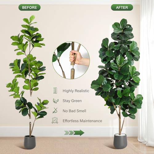 7FT Fiddle Leaf Fig Tree Artificial with 141 Leaves - Realistic Faux Ficus Lyrata Trees in 9" Grey Planter Pot, Indoor Fake Floor Plants for Home Office Living Room Decor, Housewarming Gift