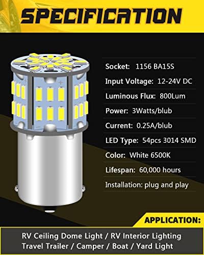 DEFVNSY 4-Pack 6500K White 1156 BA15S Super Bright 1141 1003 1073 7506 LED Bulbs 3014 54-SMD for 12V-24V Car Auto Turn Signal Parking Light Backup Reverse Lights