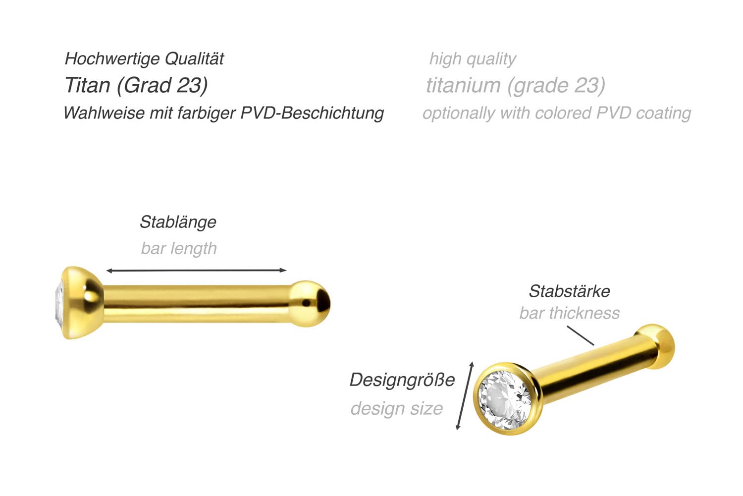 PIERCINGLINE Juego de 3 piercings para la nariz de titanio con cristal | Piercing para la nariz | Selección de colores, Titanio,