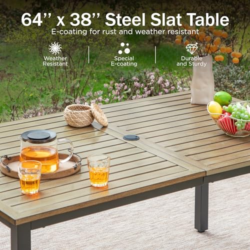 Image of PHI VILLA 7 Pieces Outdoor Dining Set for 6, 65 inch Rectangular Wrought Iron Wood-Like Table with Umbrella Hole & Swivel Metal Steel Chairs, Outside Furniture Set for Patio, Porch, Deck, Backyard