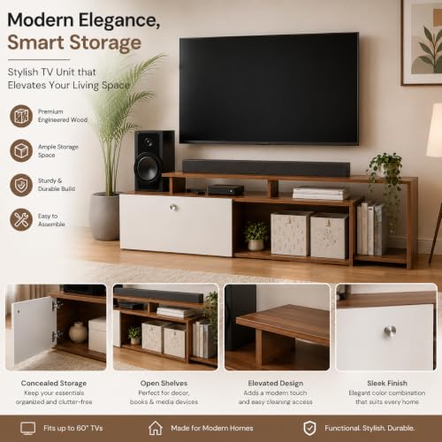 Image of FURNEASER Dexon Modern Engineered Wood Floor TV Cabinet with Storage | TV Entertainment Unit with Cabinet & Open Shelves | Media TV Stand for 32 to 55 Inch TV (Exotic Teak & White)