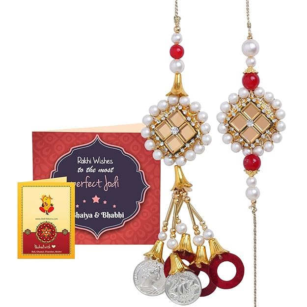 Image of TIED RIBBONS Rakhi for Brother and Bhabhi - Designer Lumba Rakhi Set with Roli Tikka for Bhaiya Bhabhi for Rakshabandhan