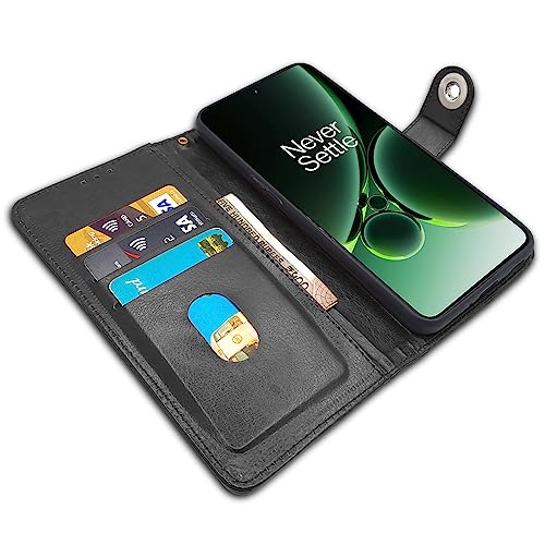 Image of Pikkme OnePlus Nord 3 5G Flip Cover Leather Finish | Inside TPU with Card Pockets | Wallet Stand and Shock Proof | Complete Protection Button Flip Case (Black)