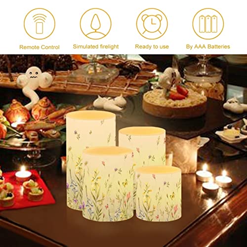 Image of LED Flickering Candles Battery Operated Candles Set of 4 with Remote Control Timer Dancing Flame Pillar Candles Home Table Decoration, Floral Green