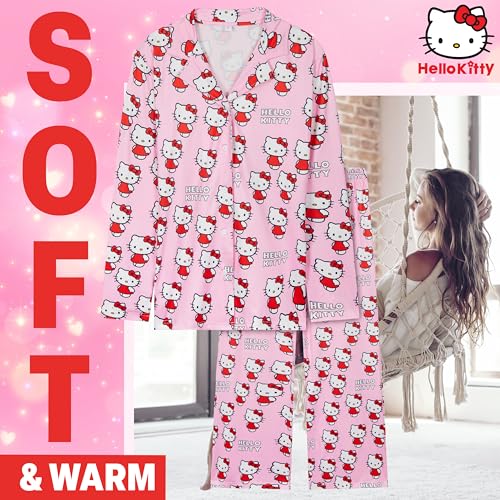 Image of Hello Kitty Pajamas for Women Teens Long PJs Comfy Kawaii Button Down Lounge Set