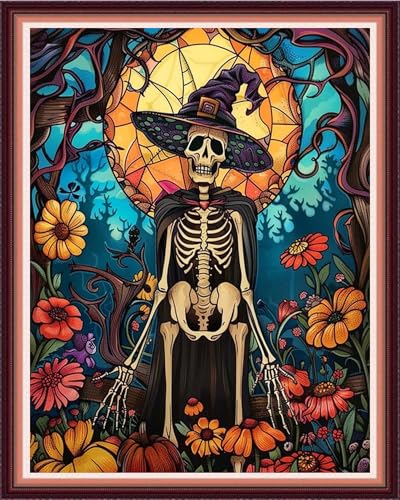 Image of Funxvoot Stamped Cross Stitch Kits for Beginners or Adults Embroidery Starter Patterns | DIY Printed Cross Stitch Kits Needlepoint for Adults or Kids 11CT-Moon Skeleton 16x20 inch