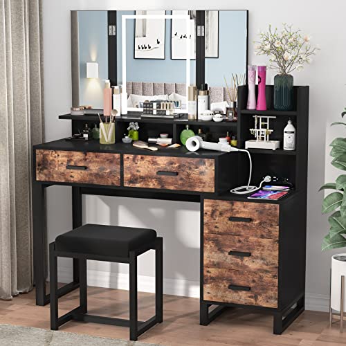 Pakasept Makeup Vanity With Tri-Fold Makeup Mirror, Vanity Desk With 3-Color Adjustable Touch Light, Charging Station, Vanity Table With Nightstand,5 Drawers, Storage Shelves&Cushioned Stool #TOP1