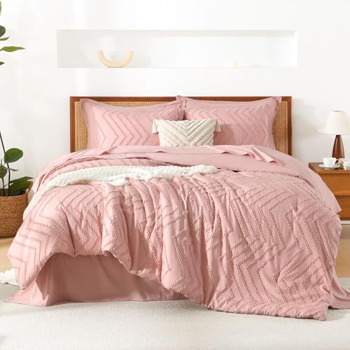 Image of Litanika Blush Pink Full Size Comforter Set with Sheets - 7 Pieces Bed in a Bag Full Boho Tufted Complete Bedding Sets with Comforter, Sheets, Pillowcases & Shams