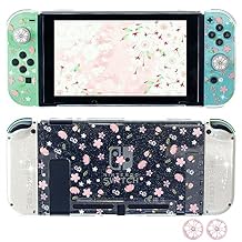 FANPL Glitter Clear Case for Nintendo Switch, Hard Shell Cute Protective Case Cover for Switch and Joy Con Controller with 2 Cat Claw Thumb Grips - Embossed Feel Pink Sakura Snow