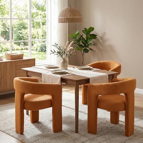 Image of HNY Modern Barrel Kitchen & Dining Room Chairs Set of 3, Sherpa Upholstered Accent Chairs with Arm, 18.5'' Wide Side Armchairs Vanity Chairs for Living Room Bedroom Makeup Small Spaces, Orange
