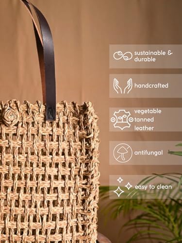 Image of KADAM HAAT Handmade Sabai Grass Lunch Bag for Women | Mesh Tiffin Bag for School & Office | Eco Friendly Carry Bag with Leather Handle | Natural Fiber Artisan Bag | Small | Beige