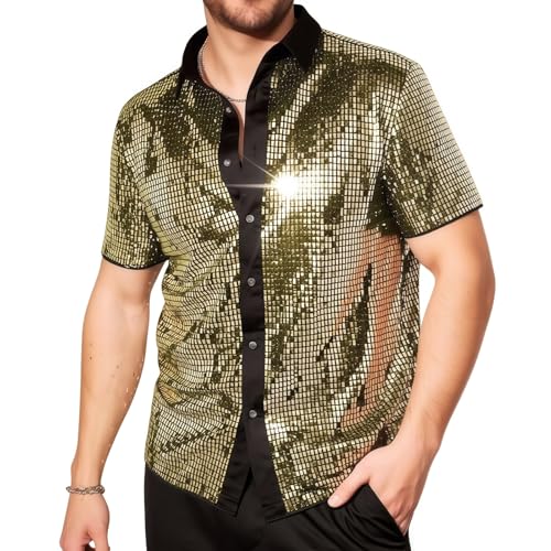 Men's Shiny T-Shirt, Short Sleeve Sequins 70s 80s Disco Fancy Dress Shirt, Vintage Lapel Button Down Sparkly Dancing T-Shirt, Sheer Mesh Button Front Tops for Party Nightclub Christmas Prom Costume - Image 3