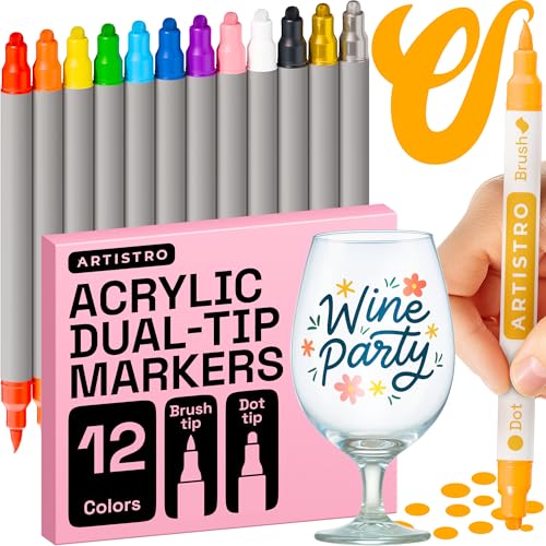 ARTISTRO 12 Glass Acrylic Paint Markers - Washable Non-Toxic Dual Tip Acrylic Paint Pens for Car Window, Mirror, Ceramic