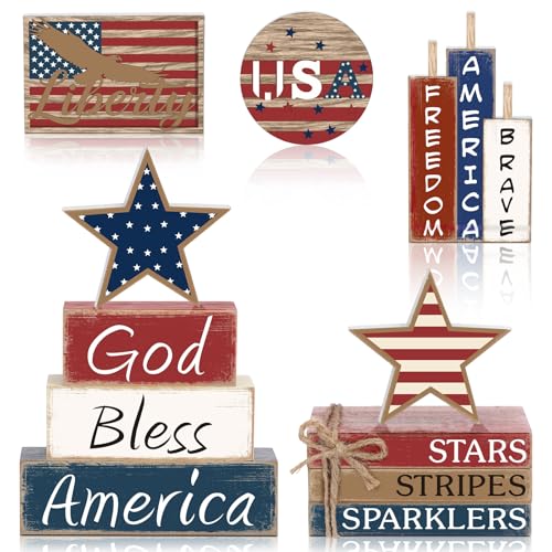 Vercraft 11 Pcs Memorial Day Table Decorations Set Patriotic Tiered Tray Decor Set Blue Red White Table Centerpieces Sign for 4th of July Office Home Shelf 250th Anniversary