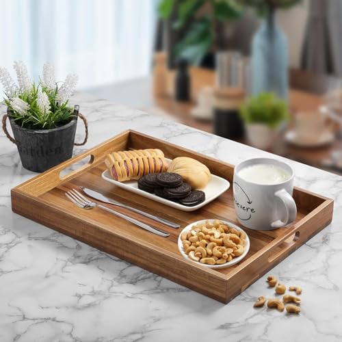 Image of Wooden Serving Tray for Home and Kitchen | Acacia Wood Large Rectangular Tray with Handles for Resturant, Cafe, Breakfast, Multipurpose Organzier | (Food Safe Oil Finish) (Aurace)