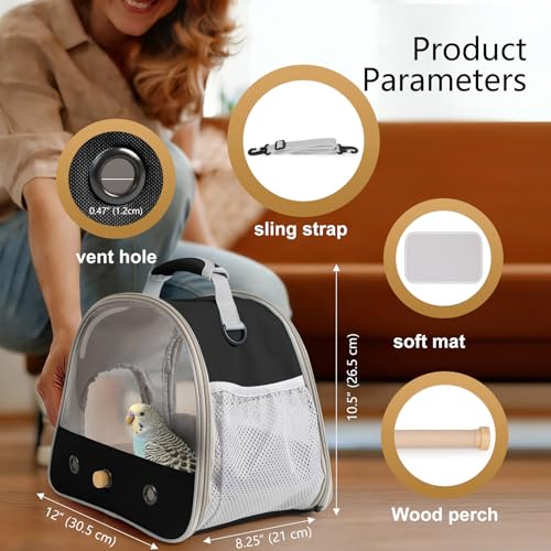 Image of Bird Carrier, Portable Small Bird Parrot Parakeet Carrier with Standing Perch and Stainless Steel Tray, Side Access Window Collapsible (Black, Clear Windows)