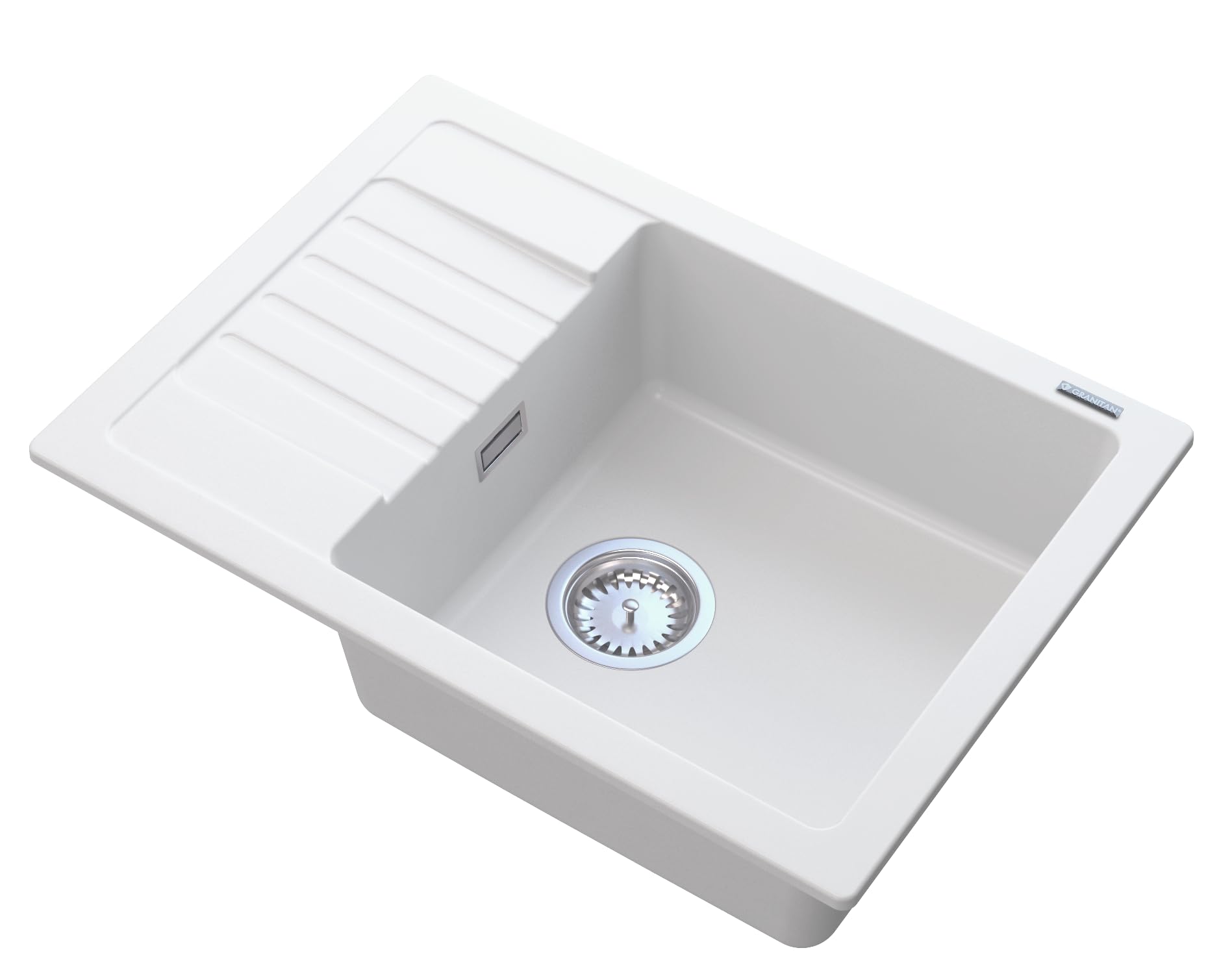 Granitan - Zlewozmywak granitowy Argos + armatura BETA - biały - 1 umywalka z ociekaczem - 62 x 44 cm - z syfonem - powłoka GraniProtect