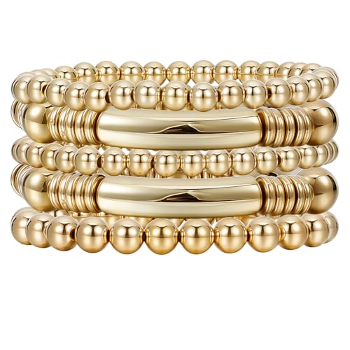BEAMARKER Conjunto de 5 pulseira de contas douradas em camadas para mulher, delicada e moderna, elástica, redonda, com contas, corrente de tubo, estilo boémio, grosso, empilhável, jóias para presente.