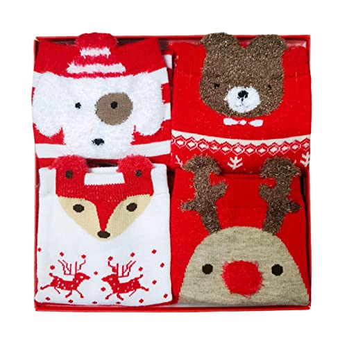 Bymivofun 4 Paare Weihnachtssocken, Süße Baumwollsocken, Neujahrssocken, für Mädchen Damen Weihnachts Neujahrsgeschenke im Winter Cover