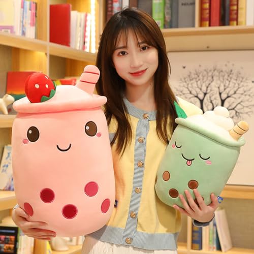 Aiuidun Bubble Tea Kuscheltier,Boba Stofftier Plüschkissen Spielzeug Weiches Umarmungskissen Geschenk für Kinder Mädchen Jungen(Grün-Schielende Augen,35cm)