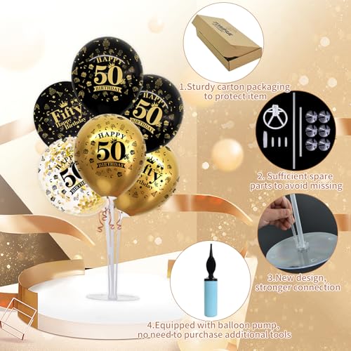 Image of TONIFUL 4 Set Black Gold 50 Printed Balloon Stands for 50th Birthday Decor