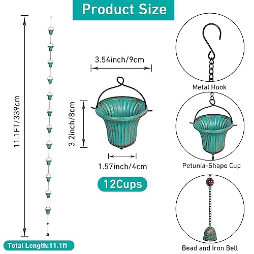 image for giole 11ft Copper Rain Chains for Outside, 12 Cups Rain Catcher Chain 
