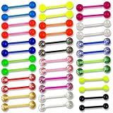 36PCS Tongue Bars Set 14G Glow-In-Dark Plastic Nipple - Acrylic Rubber Neon Glitter Clear Piercing Jewelry, 16mm 1.6mm Straight Barbell for Women & Men Stylish Modification Surgery Christmas Halloween