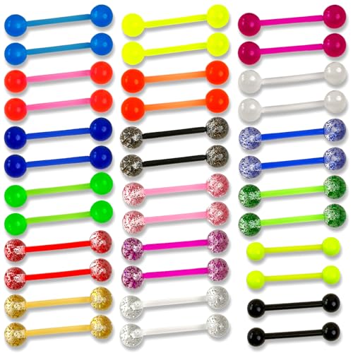 36PCS Tongue Bars Set 14G Glow-In-Dark Plastic Nipple - Acrylic Rubber Neon Glitter Clear Piercing Jewelry, 16mm 1.6mm Straight Barbell for Women & Men Stylish Modification Surgery Christmas Halloween