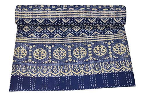 Sophia Art Queen Size Hand Block Print Kantha Quilt 90x108 Inch Ajrakh Bedspread Vegetable Dye Blanket Indigo Print Ajrakh Quilt (Blue White 3)