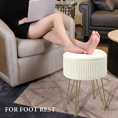 Jfamiglia Vanity Stool Ottoman With Storage, Velvet Storage Ottoman Round Footrest Stool With 4 Solid Metal Legs, Upholstered Pleated Vanity Chair Stool For Living/Makeup Room, Bedroom, Beige #TOP2