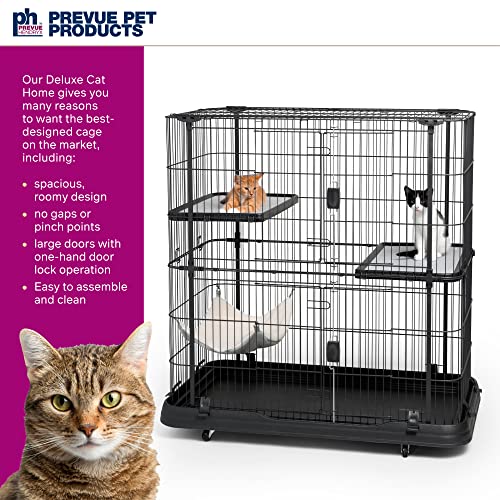Prevue Pet Products Deluxe Cat Home with 3 Levels, Metal and Plastic Crate Kennel Home for Cats and Kittens, Multi-Level Cage, Black