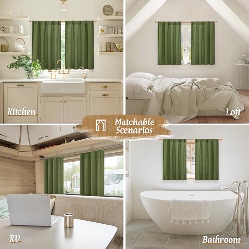 Image of LAMIT Olive Green Linen Curtains 40 Inch for Kitchen Small Window 2 Panels