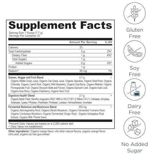 Ancient Nutrition SuperGreens Powder with Probiotics, Organic Mango Flavor Greens, Made from Real Fruits, Vegetables and Herbs, Digestive and Energy Support, 25 Servings, 6.8oz - Image 3