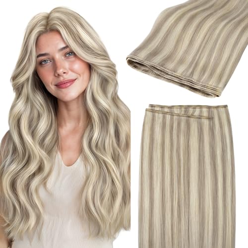 Image of GOO GOO Sew in Hair Extensions Real Human Hair, Weft Hair Extensions Human Hair, #18F /60A Balayage Light Wheat Platinum Blonde 22inch 110g, Weft Bundles Straight Silky Remy Hair