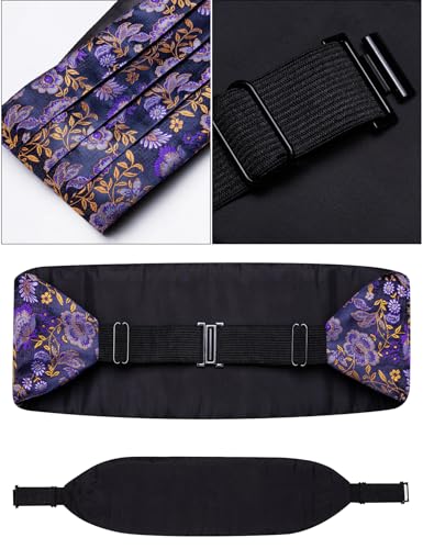 Image of Paisley Floral Tuxedo Cummerbund Bow Tie Pocket Square Set for Men | 3-piece set:cummerbund,bow tie&pocket square.Adjustable back for comfort.Silk blend,wedding,proms,black tie&formal events.