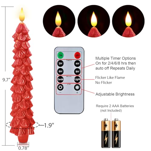 Image of Homemory 3 Pcs Christmas Tree Candles with Remote, Waxy Flameless Taper Candles Flickering, Red LED Candlesticks Battery Operated for New Year Celebration Holiday Decorations 9.7 Inches