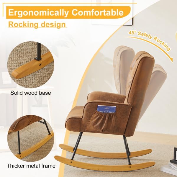 Rocking Chair Nursery, Rocking Chair Glider with High Backrest, Stylish Modern Rocking Accent Chair Glider Recliner for Living Room Nursery Bedroom, Brown