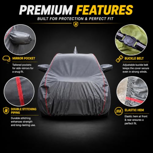 Image of Car Cover for Baleno, Darkgrey, Waterproof, Dustproof, UV Ray Protection, with Mirror and Antenna Pocket, Elastic Hem and Buckle Belt