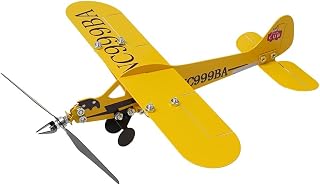 HpLive Veleta de avión, brújula de dirección del viento, hecha a mano, molino de viento de avión Piper J3, decoración de jardín de metal, amarillo, 20 x 18 cm