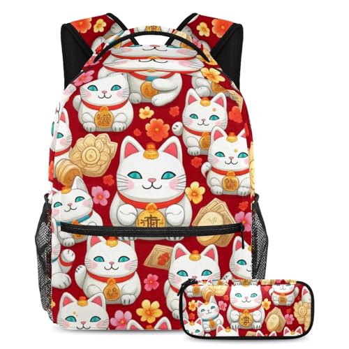 Sac à dos chat porte-bonheur 2 pièces avec trousse pour l'école et les loisirs des ados